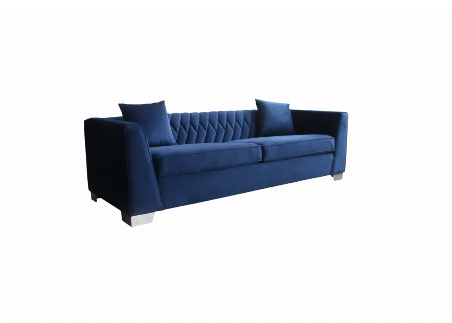 Cambridge Contemporary Sofa in Brushed Stainless Steel and Blue Velvet