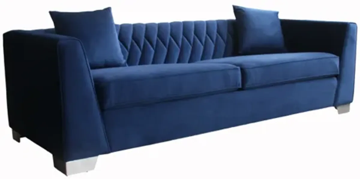 Cambridge Contemporary Sofa in Brushed Stainless Steel and Blue Velvet