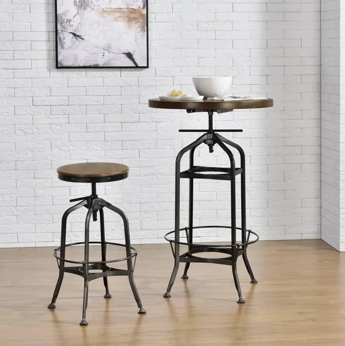 industrial vintage bar stool gunmetal legs, walnut