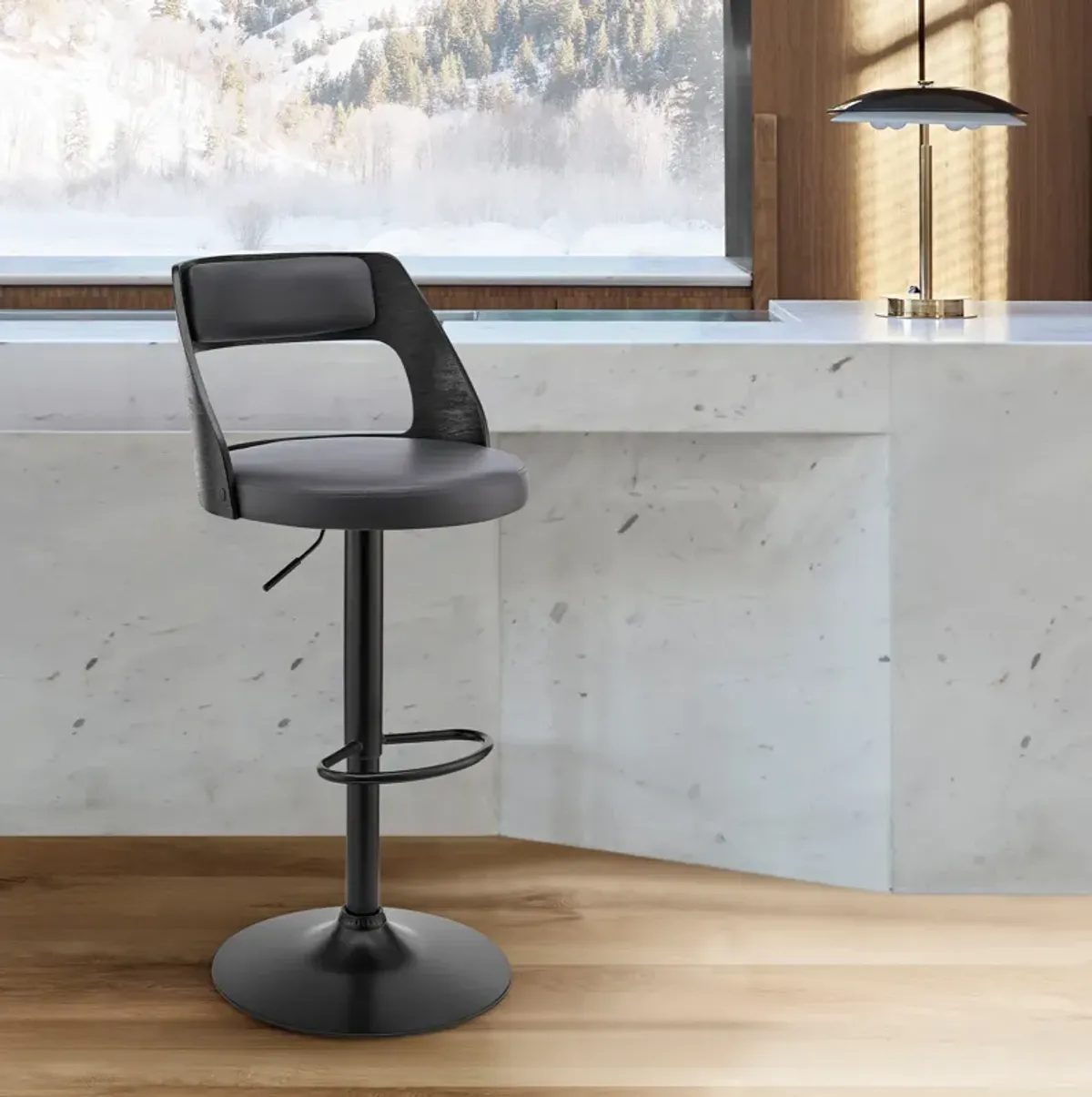 Itzan Adjustable Swivel Grey Faux Leather and Black Wood Bar Stool with Black Base