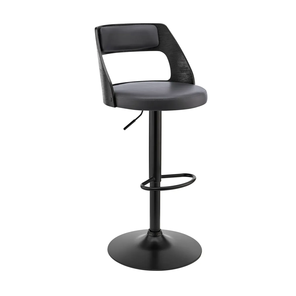 Itzan Adjustable Swivel Grey Faux Leather and Black Wood Bar Stool with Black Base