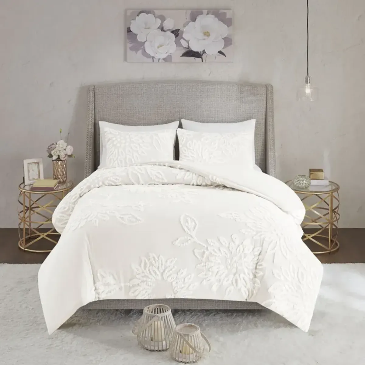 Madison Park Veronica Off-White 3 Piece Tufted Cotton Chenille Floral Comforter Set