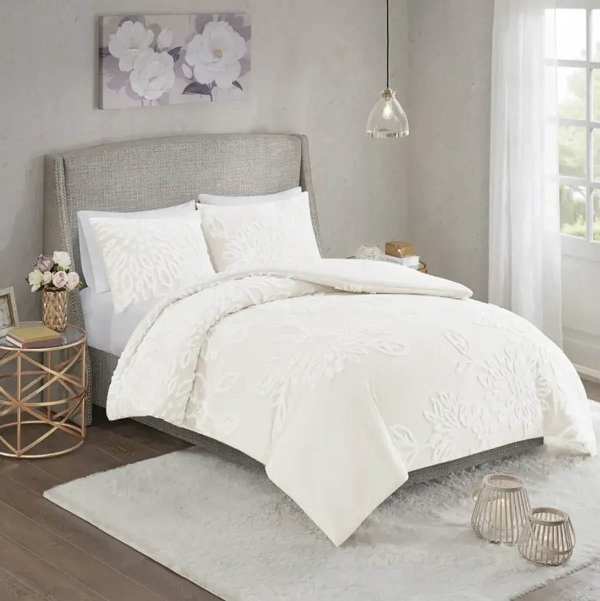 Madison Park Veronica Off-White 3 Piece Tufted Cotton Chenille Floral Comforter Set