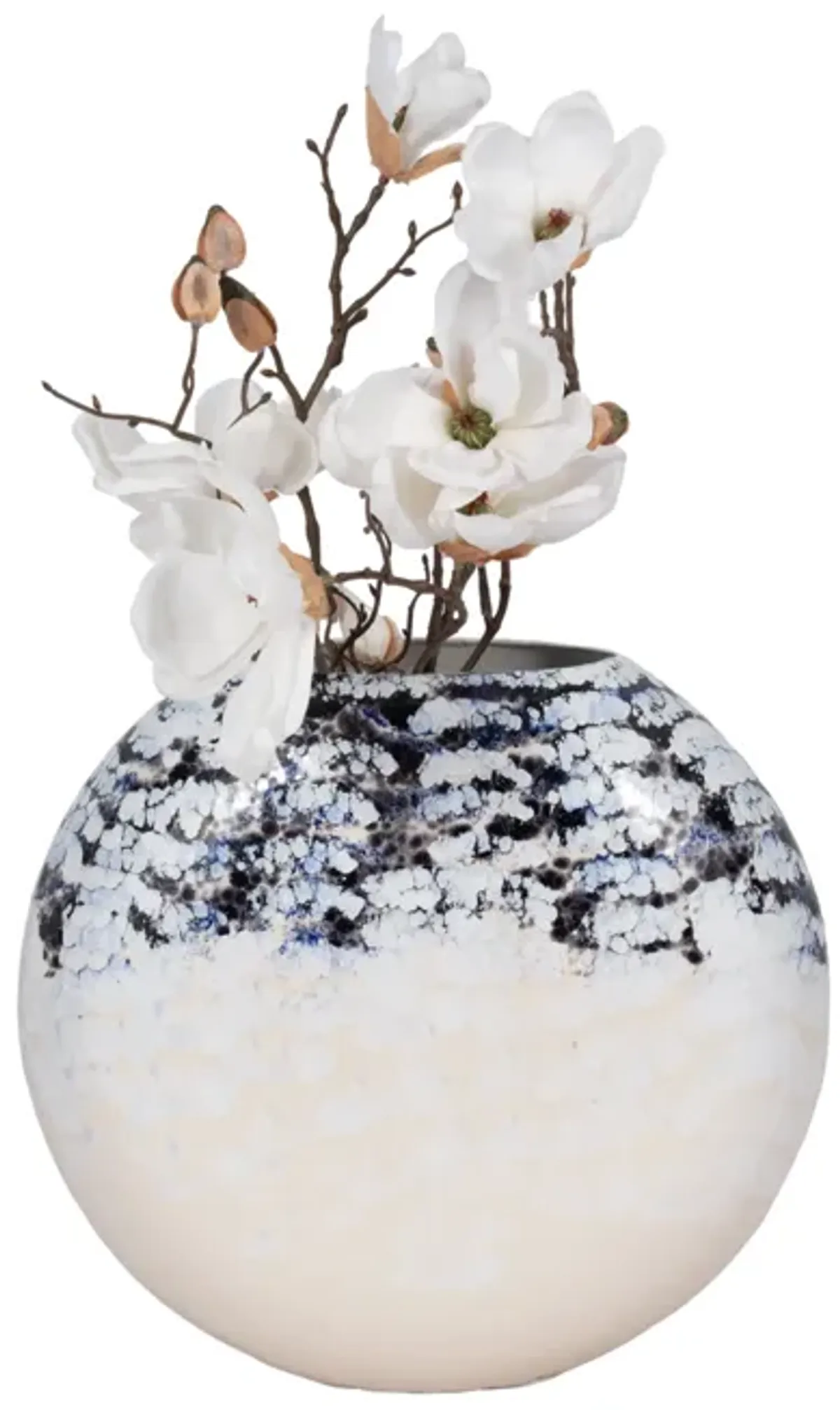 16" Round Metal Vase Arctic Finish, White/blue