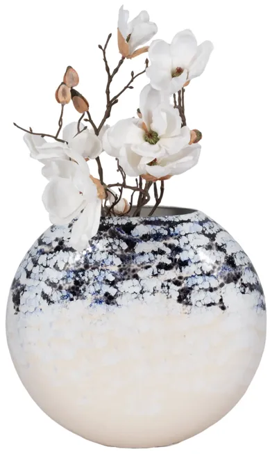 16" Round Metal Vase Arctic Finish, White/blue