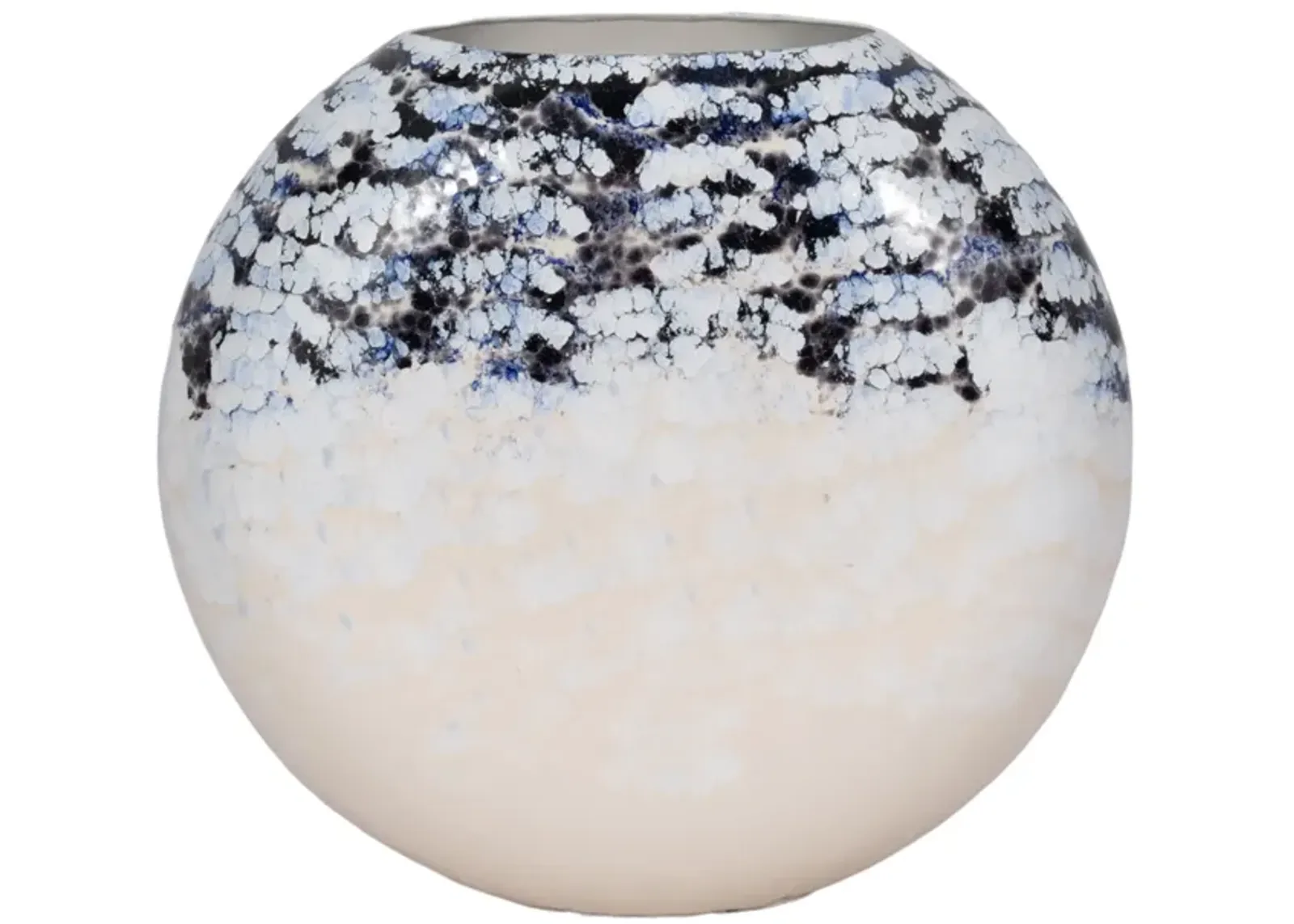 16" Round Metal Vase Arctic Finish, White/blue