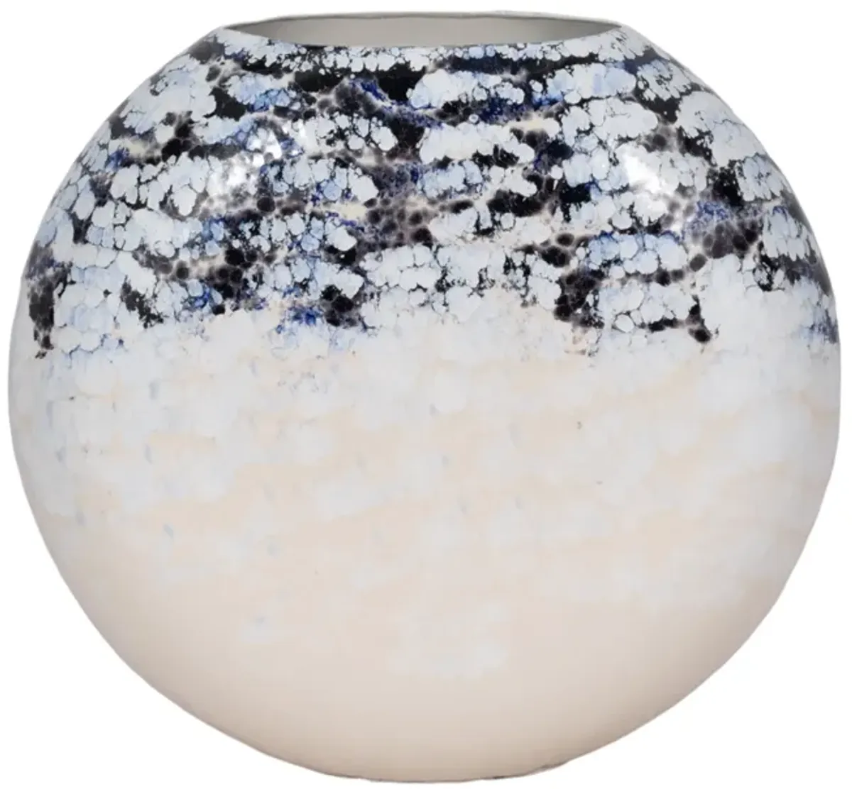 16" Round Metal Vase Arctic Finish, White/blue