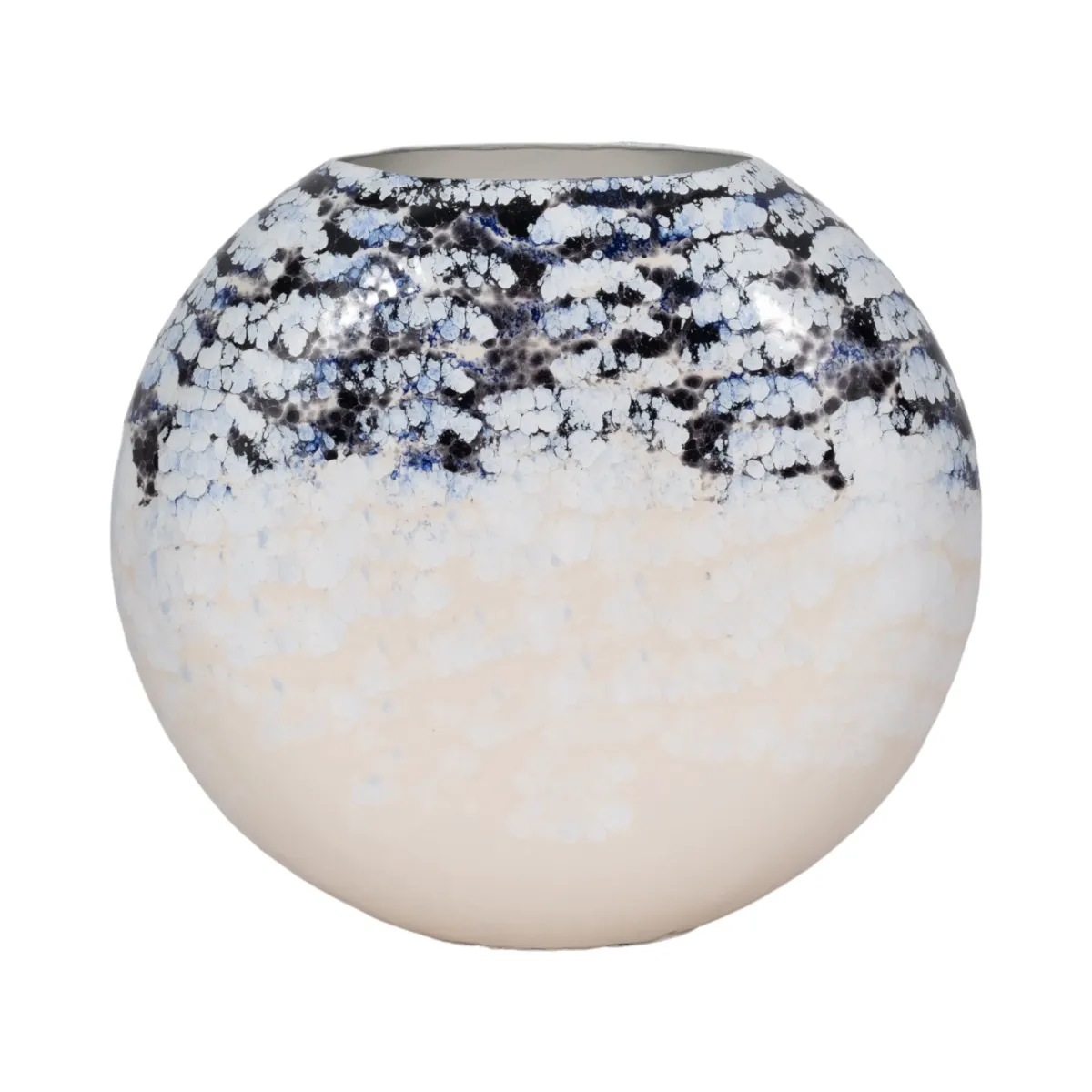 16" Round Metal Vase Arctic Finish, White/blue