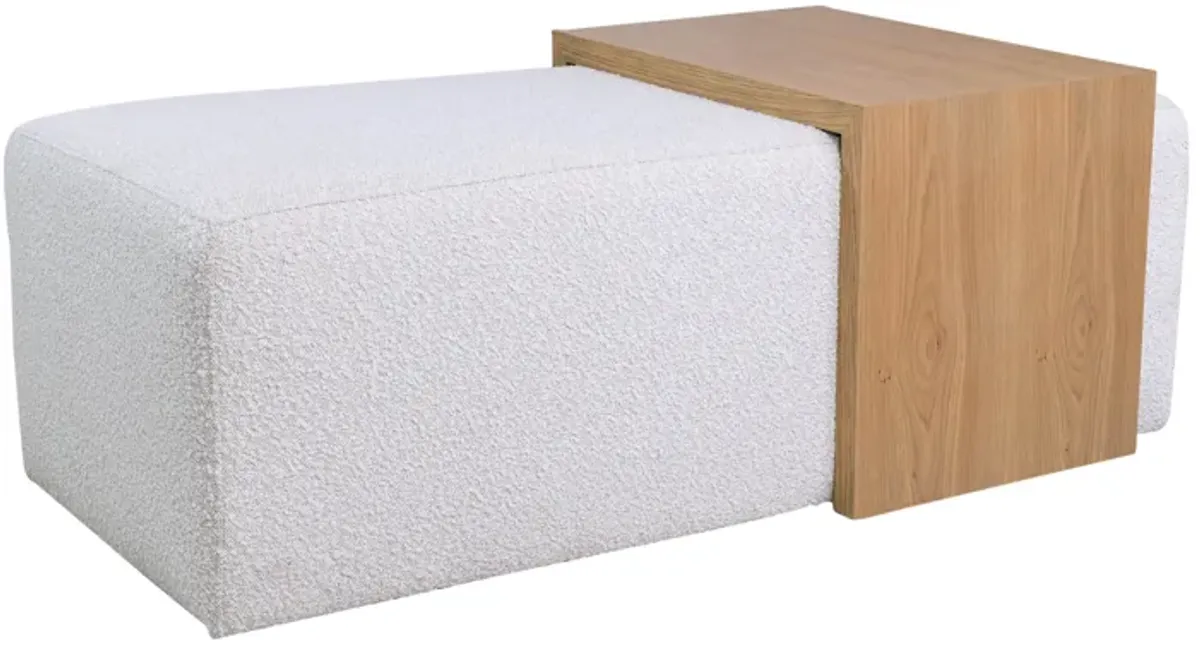 Modern Rectangular Ottoma, Wood Accent, Ivory