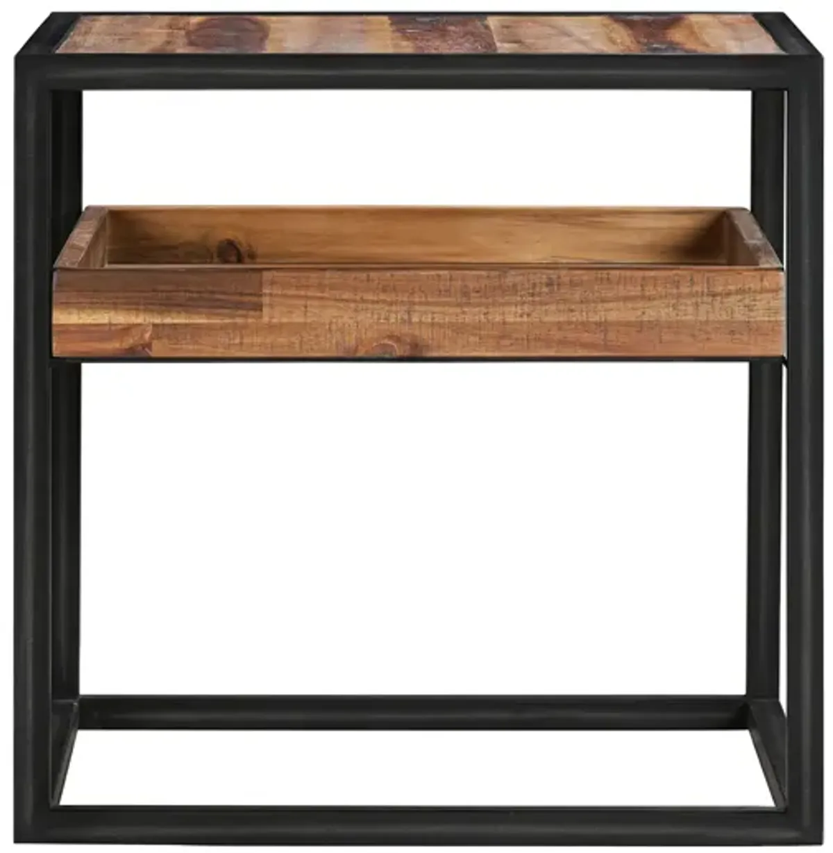 Ludgate Square End Table with Shelf in Acacia and Black Metal