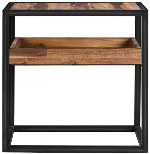 Ludgate Square End Table with Shelf in Acacia and Black Metal