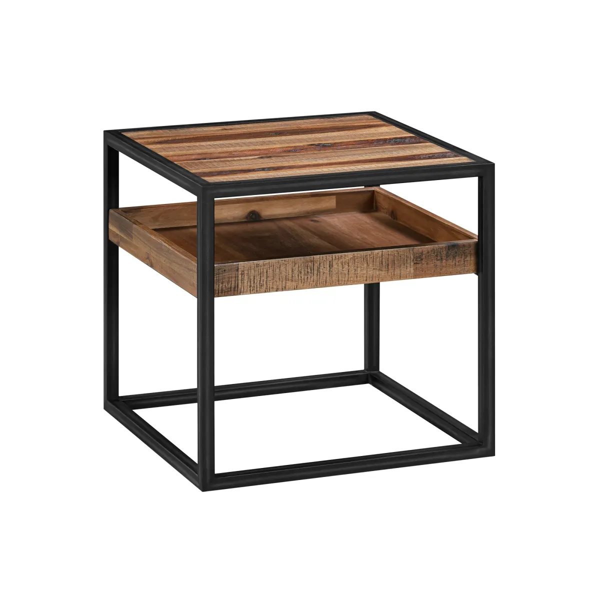 Ludgate Square End Table with Shelf in Acacia and Black Metal