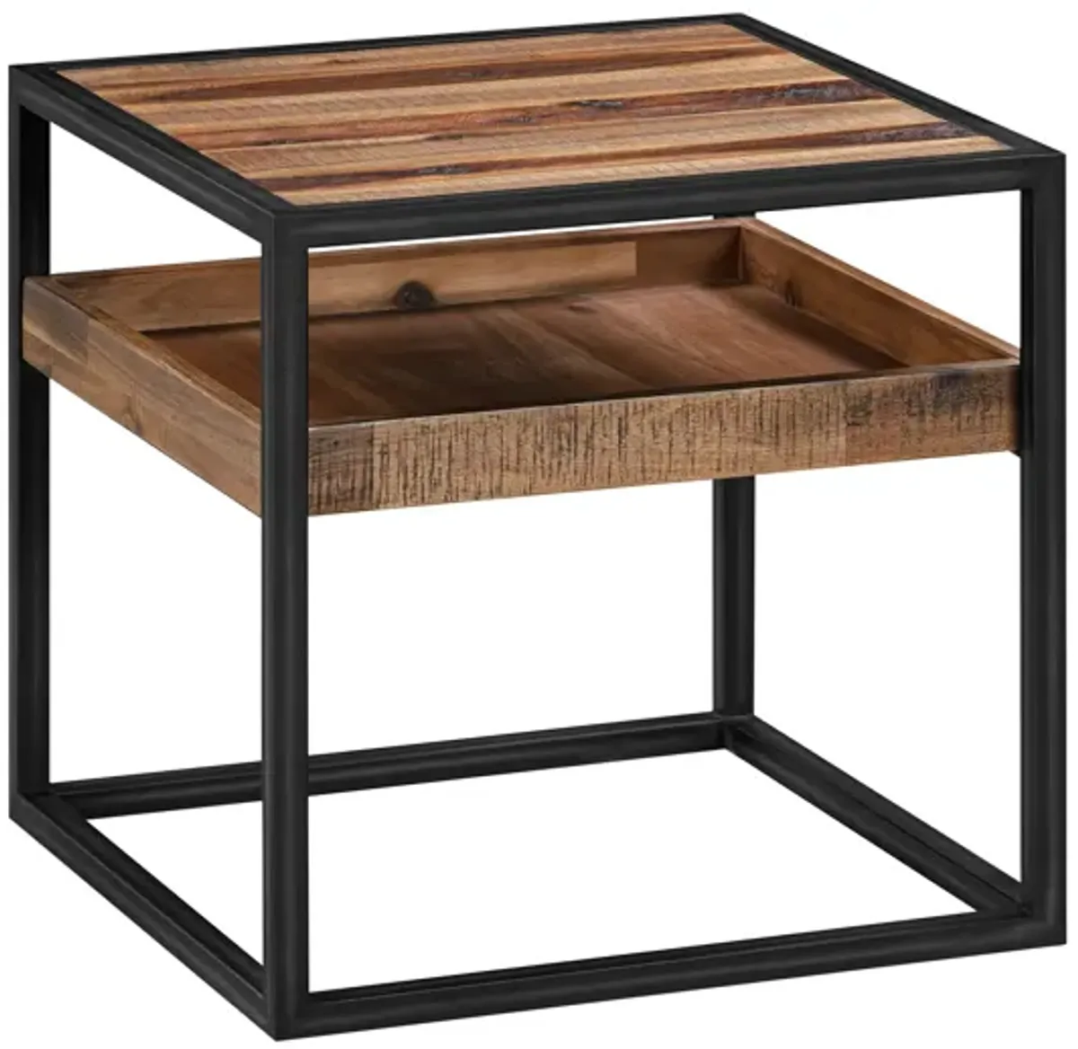 Ludgate Square End Table with Shelf in Acacia and Black Metal