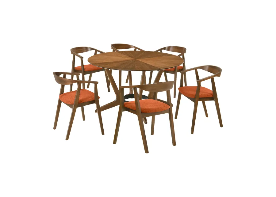 Santana 7 Piece Round Walnut Wood Dining Table Set with Orange Fabric