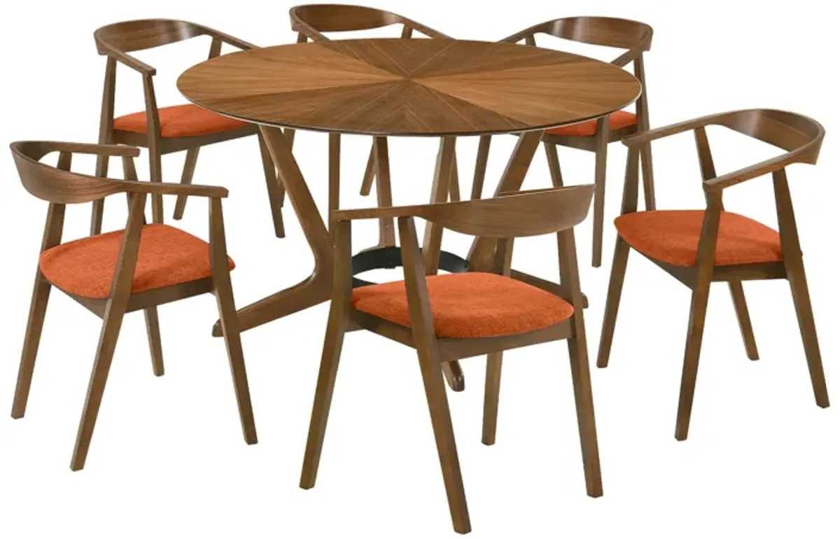 Santana 7 Piece Round Walnut Wood Dining Table Set with Orange Fabric