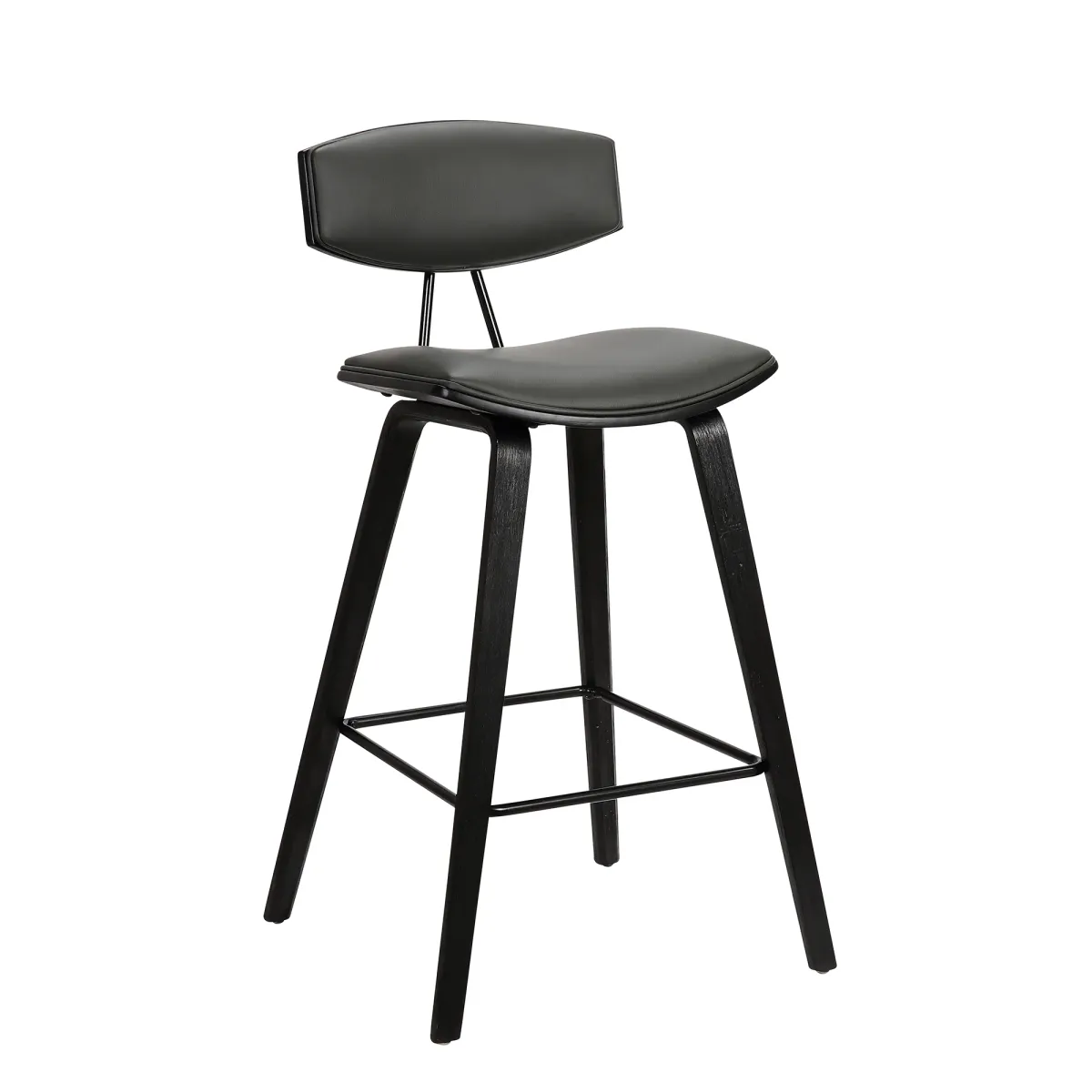 Fox 25.5" Counter Height Grey Faux Leather and Black Wood Mid-Century Modern Bar Stool