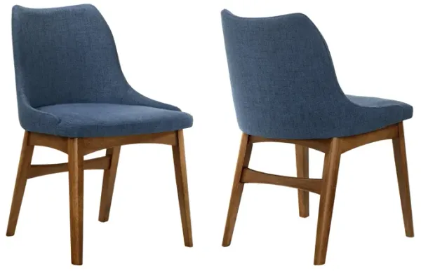 Azalea Blue Fabric and Walnut Wood Dining Side Chairs - Set of 2