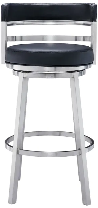 Titana 30" Bar Height Swivel Black Faux Leather and Brushed Stainless Steel Bar Stool