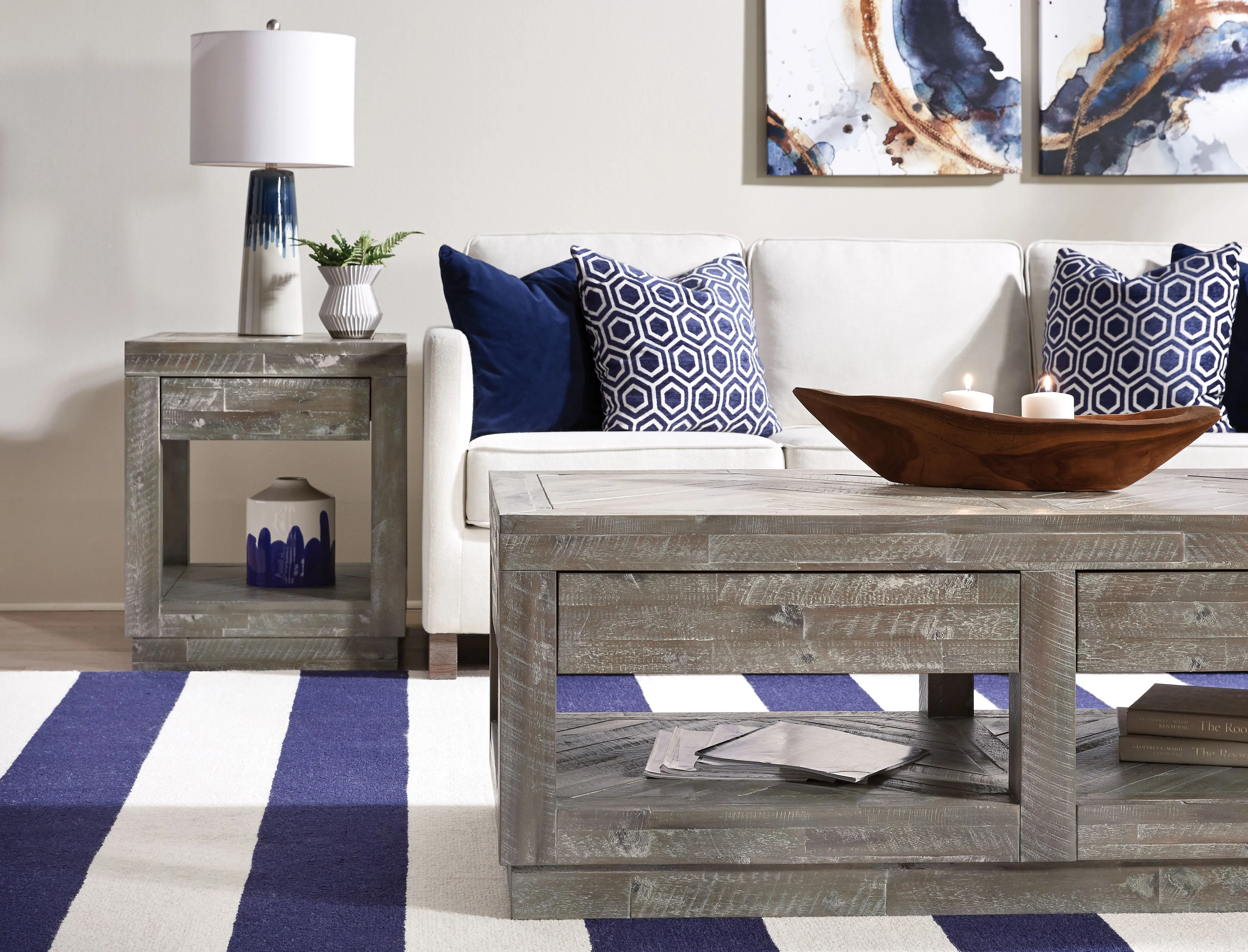 Herringbone Solid Wood One Drawer End Table in Rustic Latte