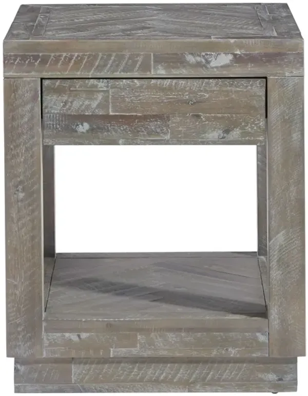 Herringbone Solid Wood One Drawer End Table In Rustic Latte