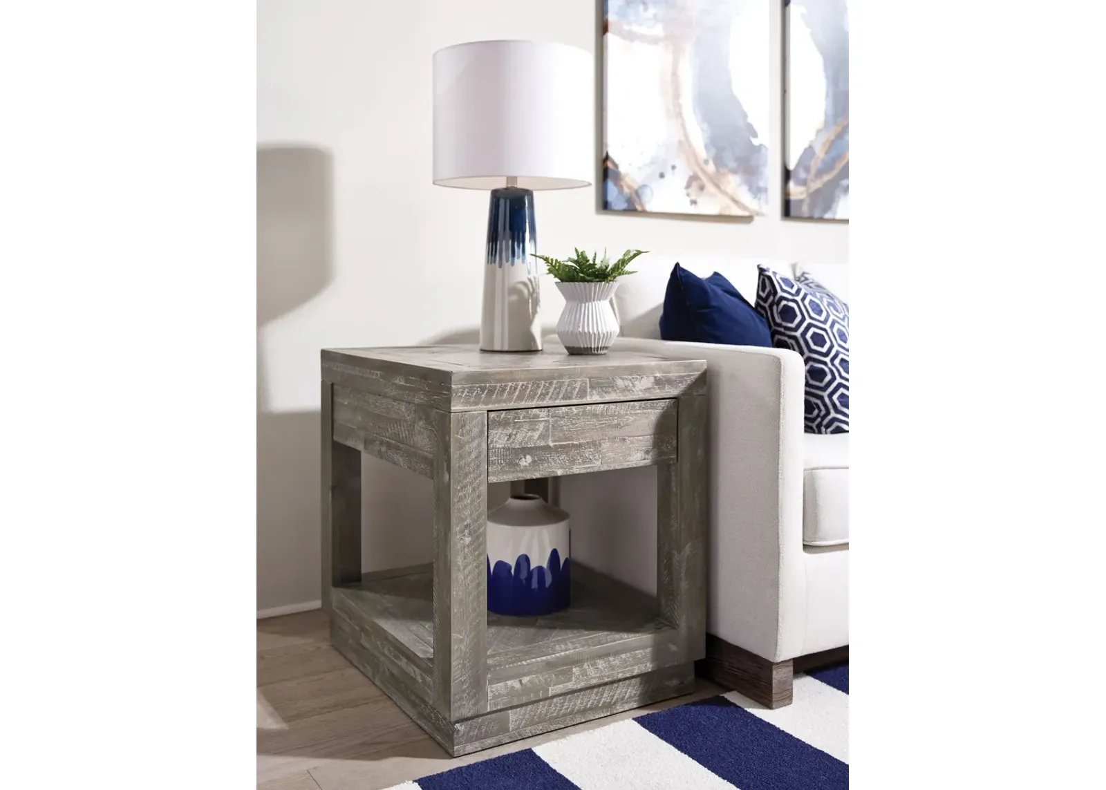 Herringbone Solid Wood One Drawer End Table in Rustic Latte