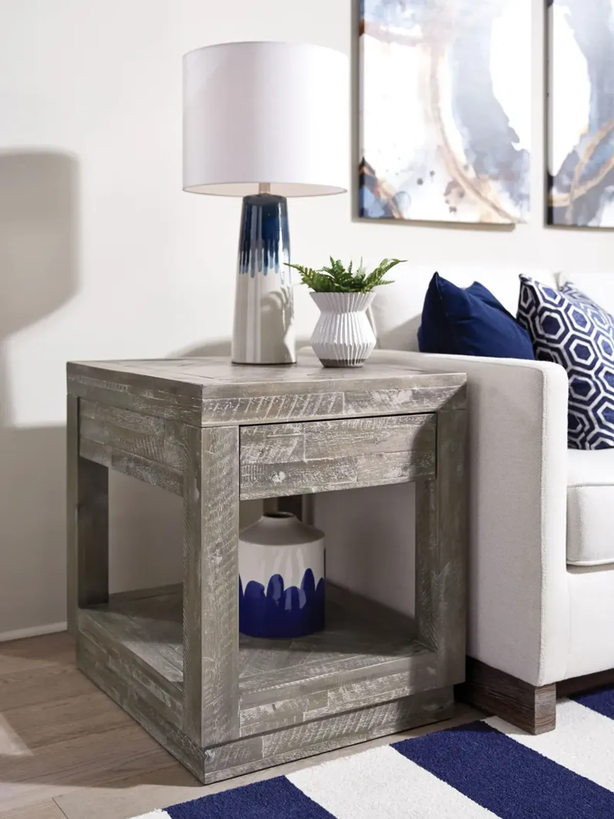 Herringbone Solid Wood One Drawer End Table in Rustic Latte