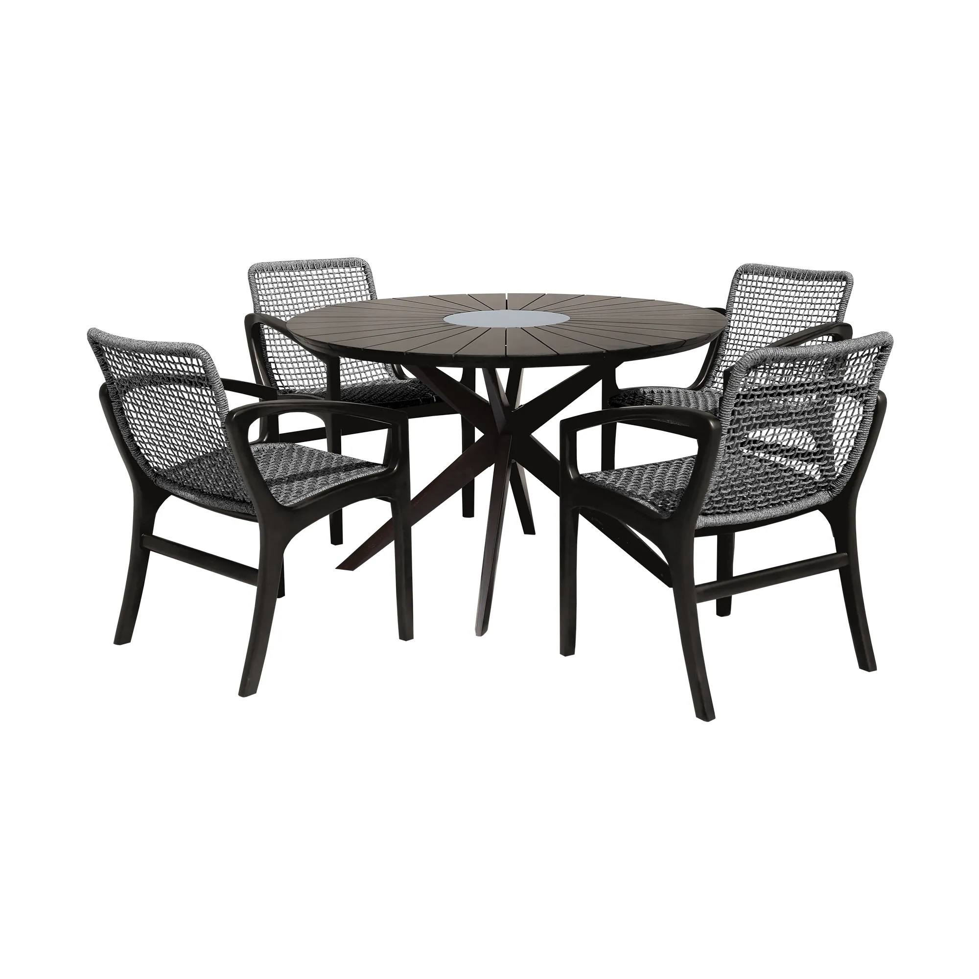 Sachi and Brighton 5 Piece Dining Set in Dark Eucalyptus Wood with Gray Rope