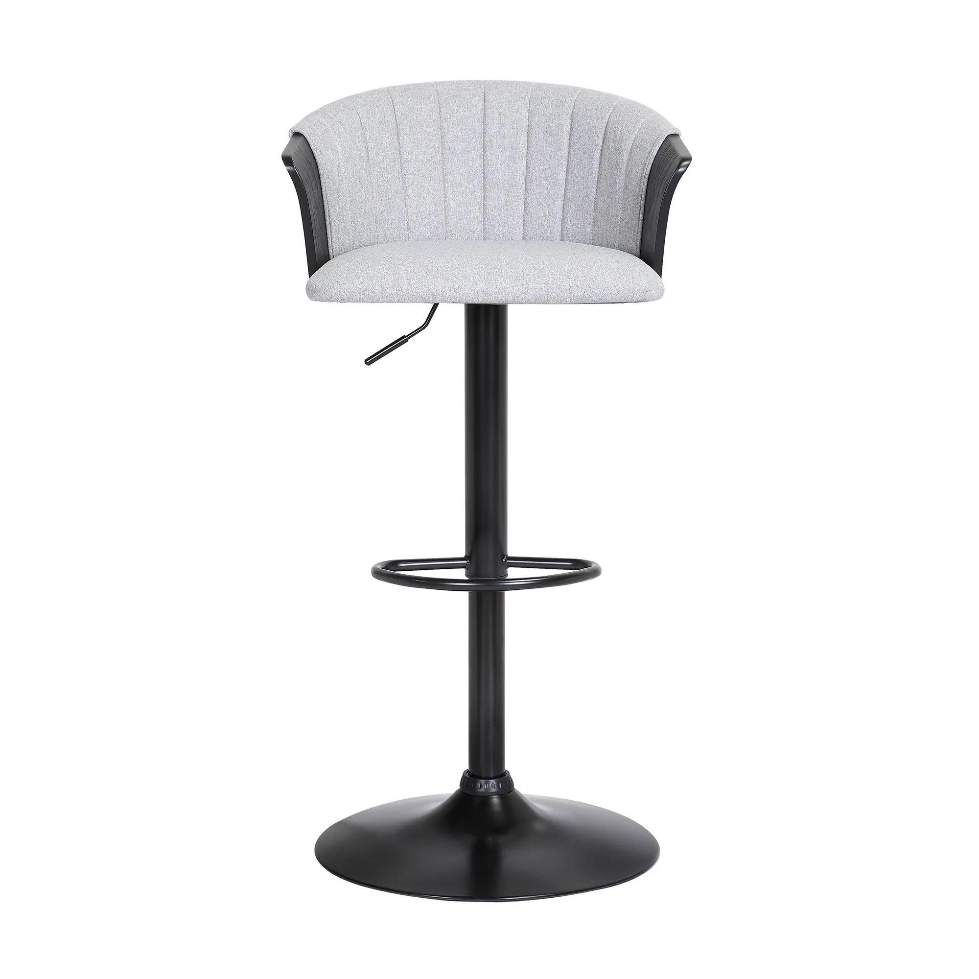 Lydia Adjustable Black Wood Bar Stool in Light Gray Fabric with Black Metal