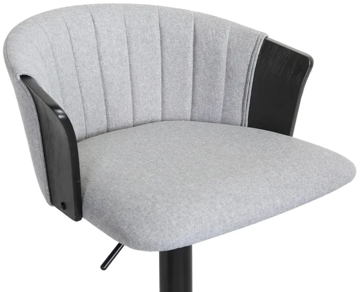 Lydia Adjustable Black Wood Bar Stool in Light Gray Fabric with Black Metal