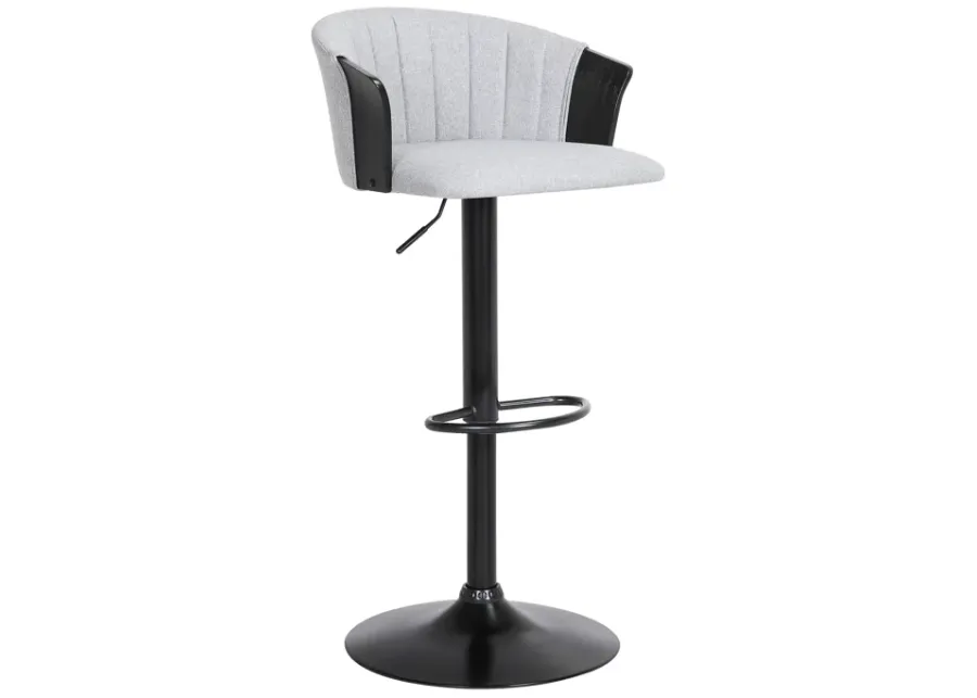 Lydia Adjustable Black Wood Bar Stool in Light Gray Fabric with Black Metal