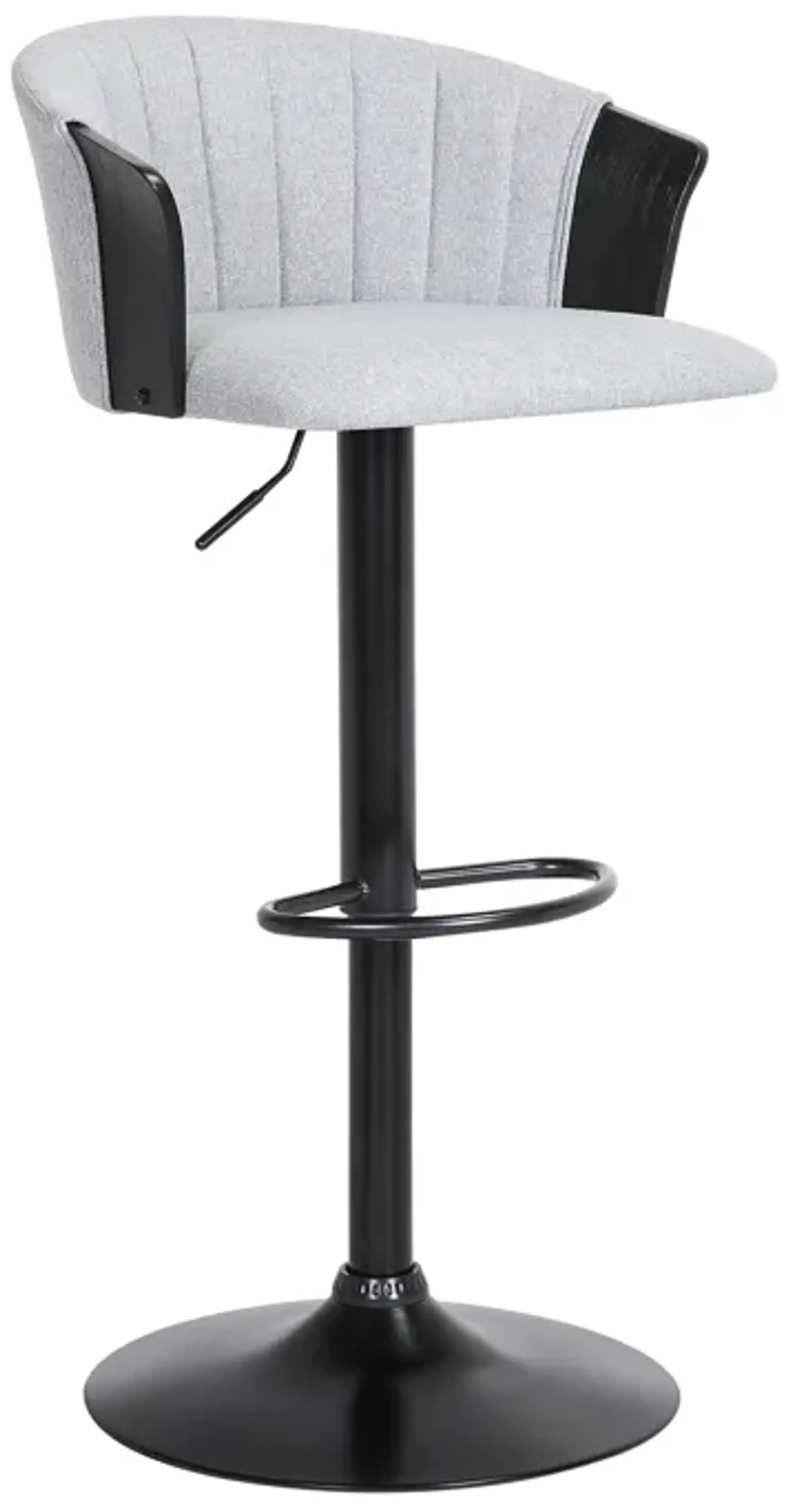 Lydia Adjustable Black Wood Bar Stool in Light Gray Fabric with Black Metal