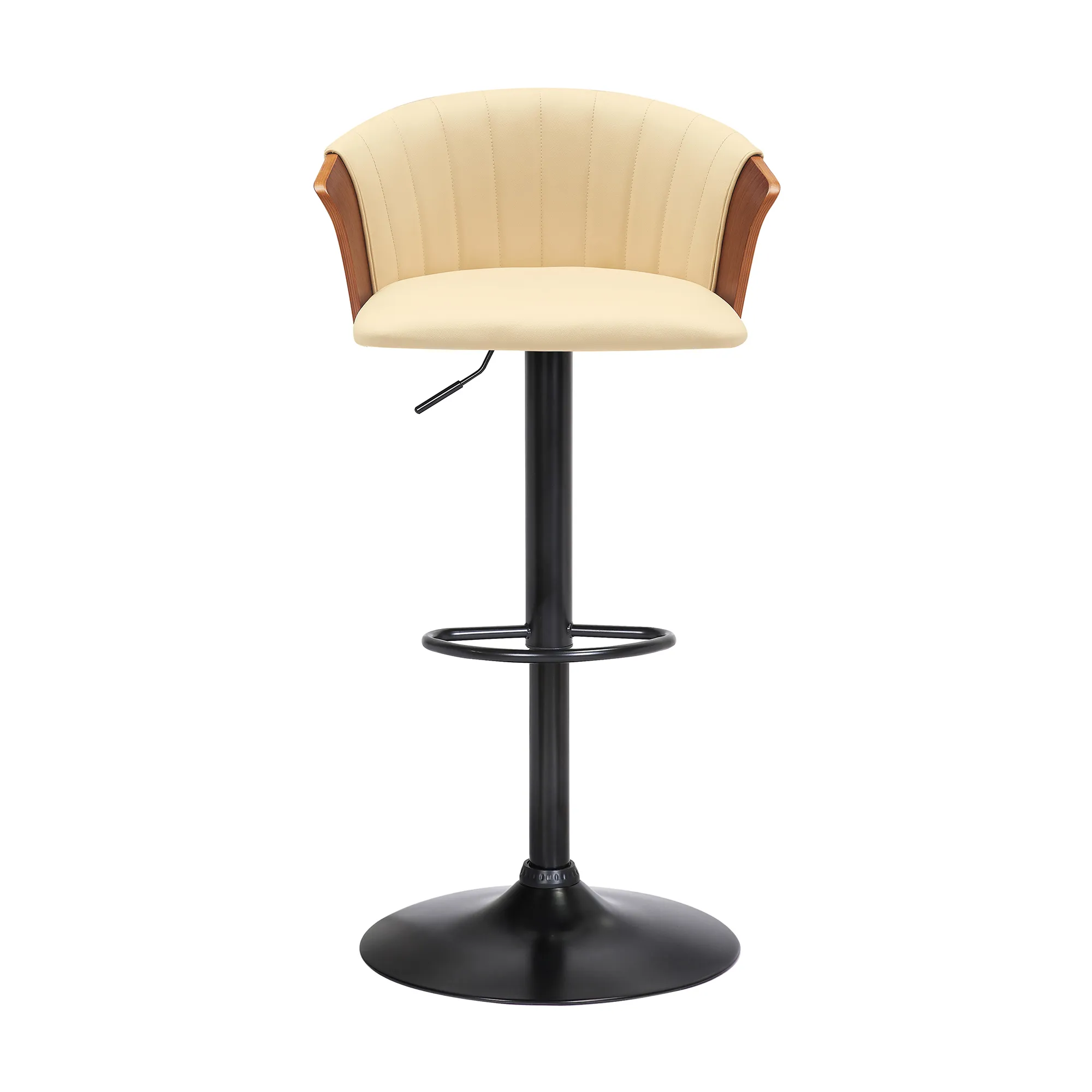 Lydia Adjustable Walnut Wood Bar Stool in Cream Faux Leather with Black Metal