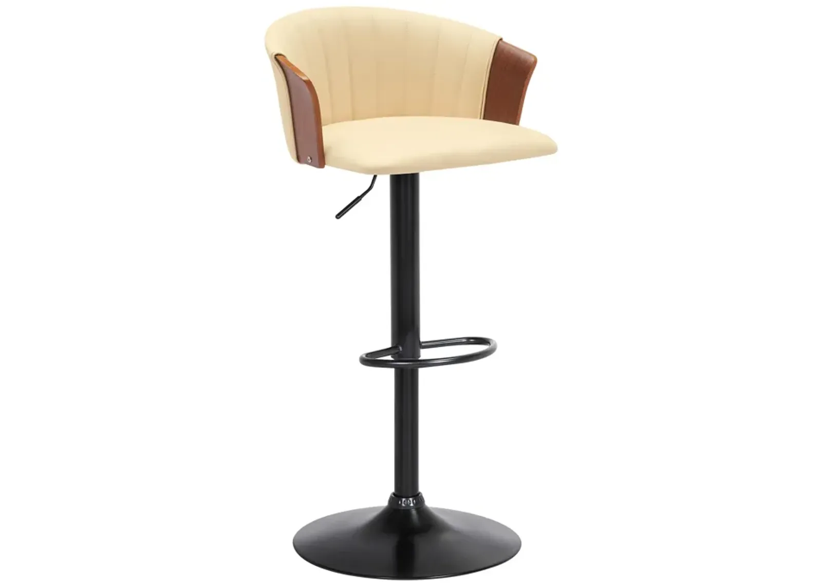 Lydia Adjustable Walnut Wood Bar Stool in Cream Faux Leather with Black Metal