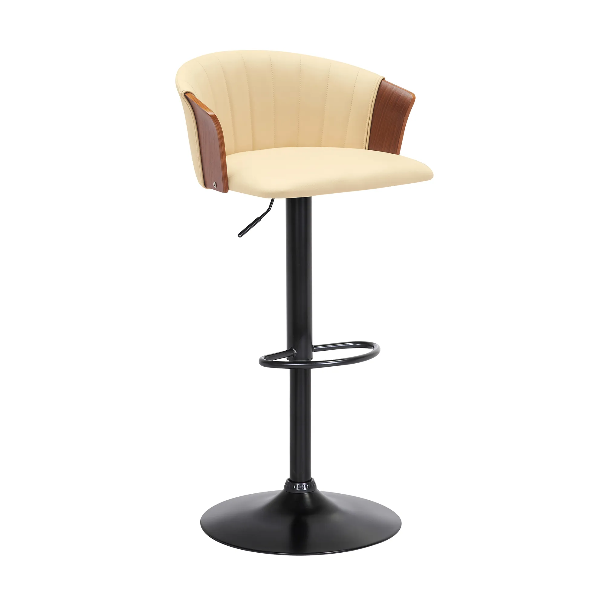 Lydia Adjustable Walnut Wood Bar Stool in Cream Faux Leather with Black Metal