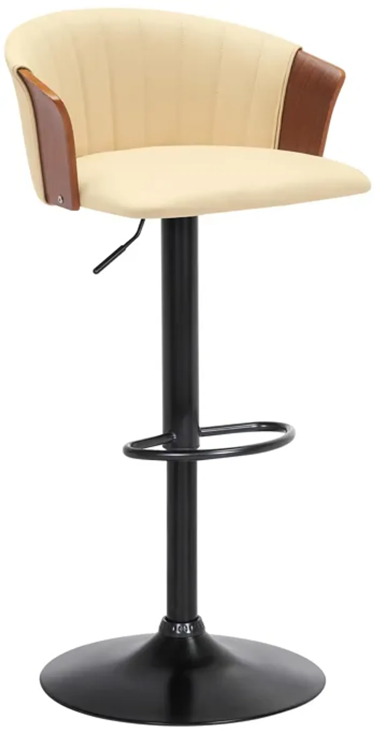 Lydia Adjustable Walnut Wood Bar Stool in Cream Faux Leather with Black Metal