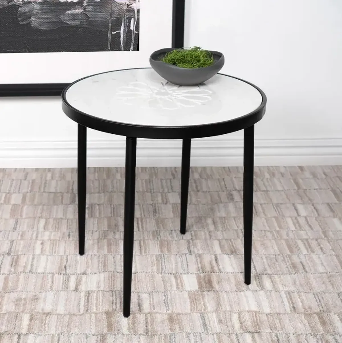 Kofi Round Marble Top Side Table White and Black