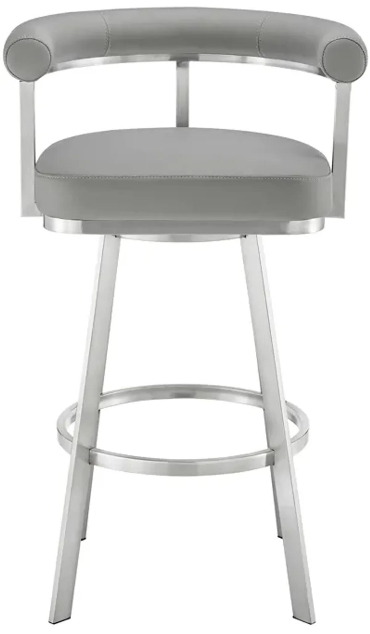 Nolagam Swivel Counter Stool in Brushed Stainless Steel with Light Gray Faux Leather