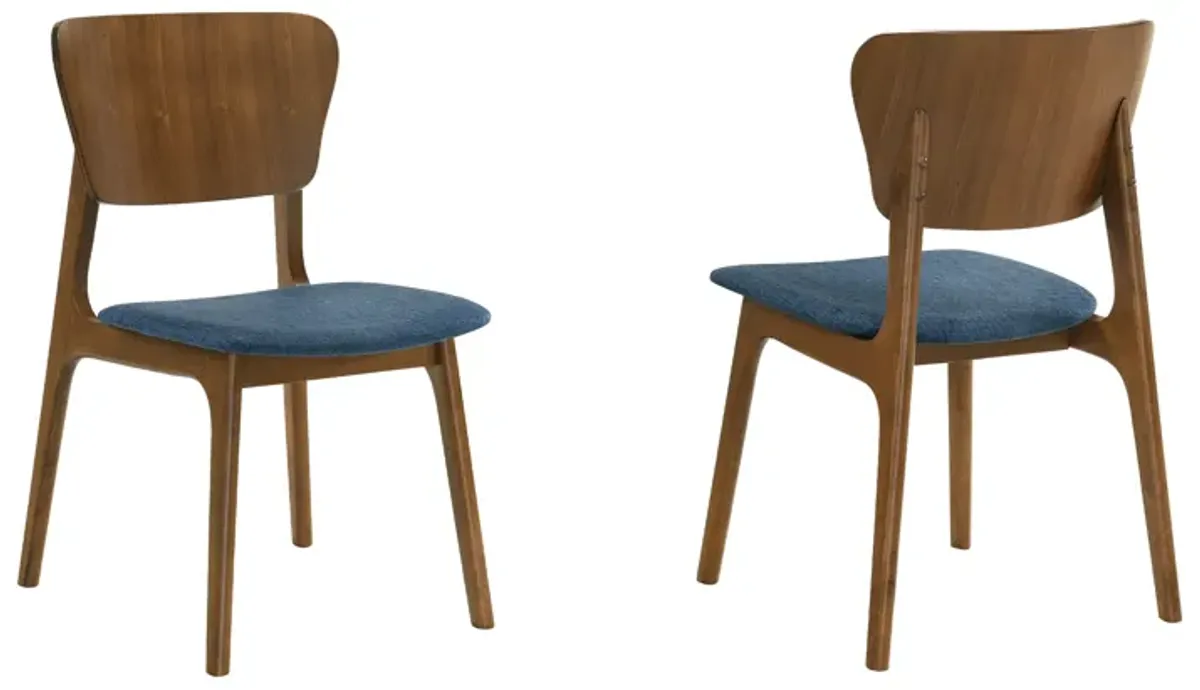 Kalia Wood Dining Chair in Walnut Finish with Blue Fabric - Set of 2