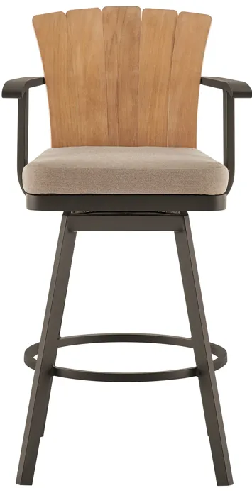 Hazel Outdoor Patio Swivel Counter Stool in Aluminum with Teak Wood and Brown Cushion