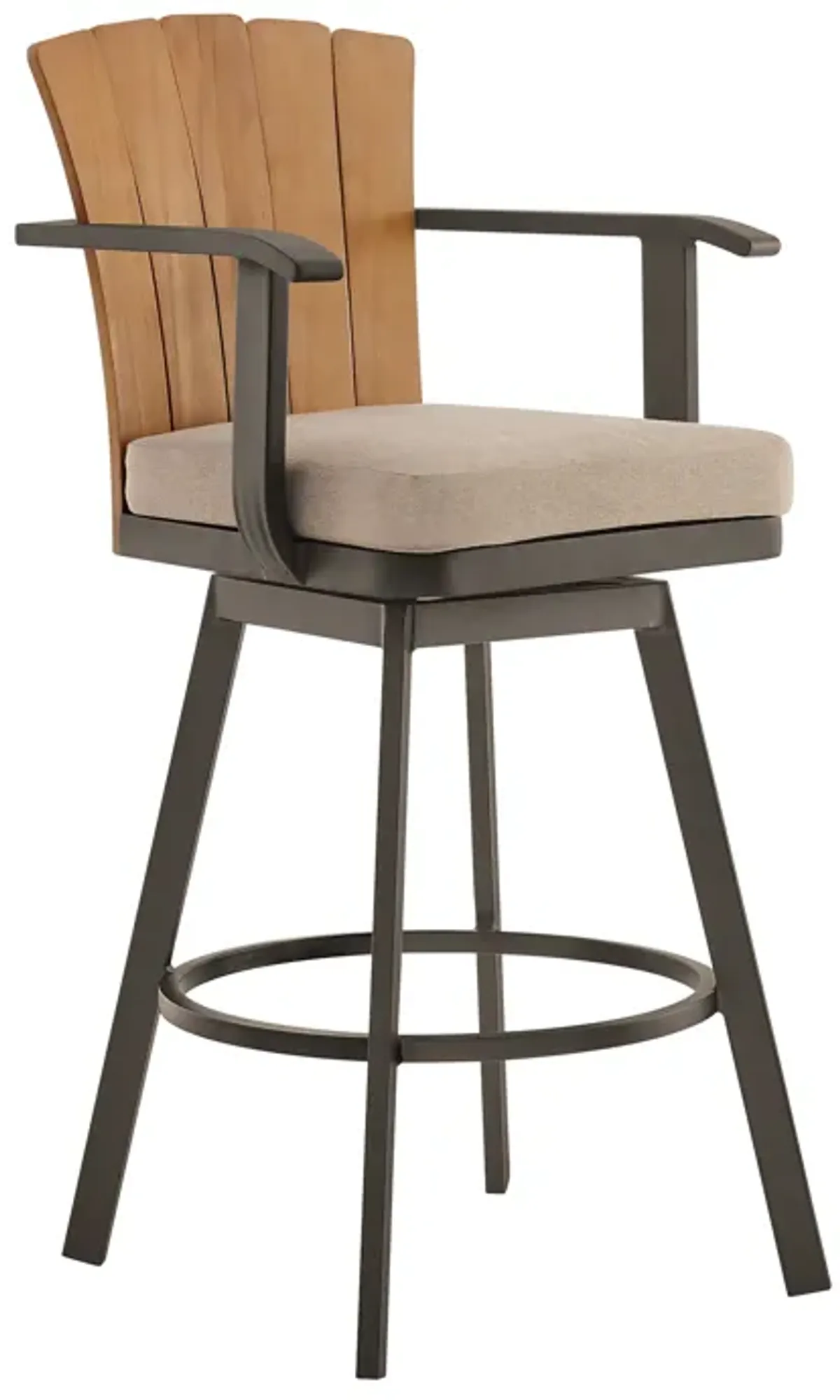 Hazel Outdoor Patio Swivel Counter Stool in Aluminum with Teak Wood and Brown Cushion