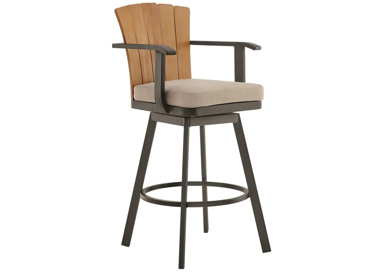 Hazel Outdoor Patio Swivel Counter Stool in Aluminum with Teak Wood and Brown Cushion