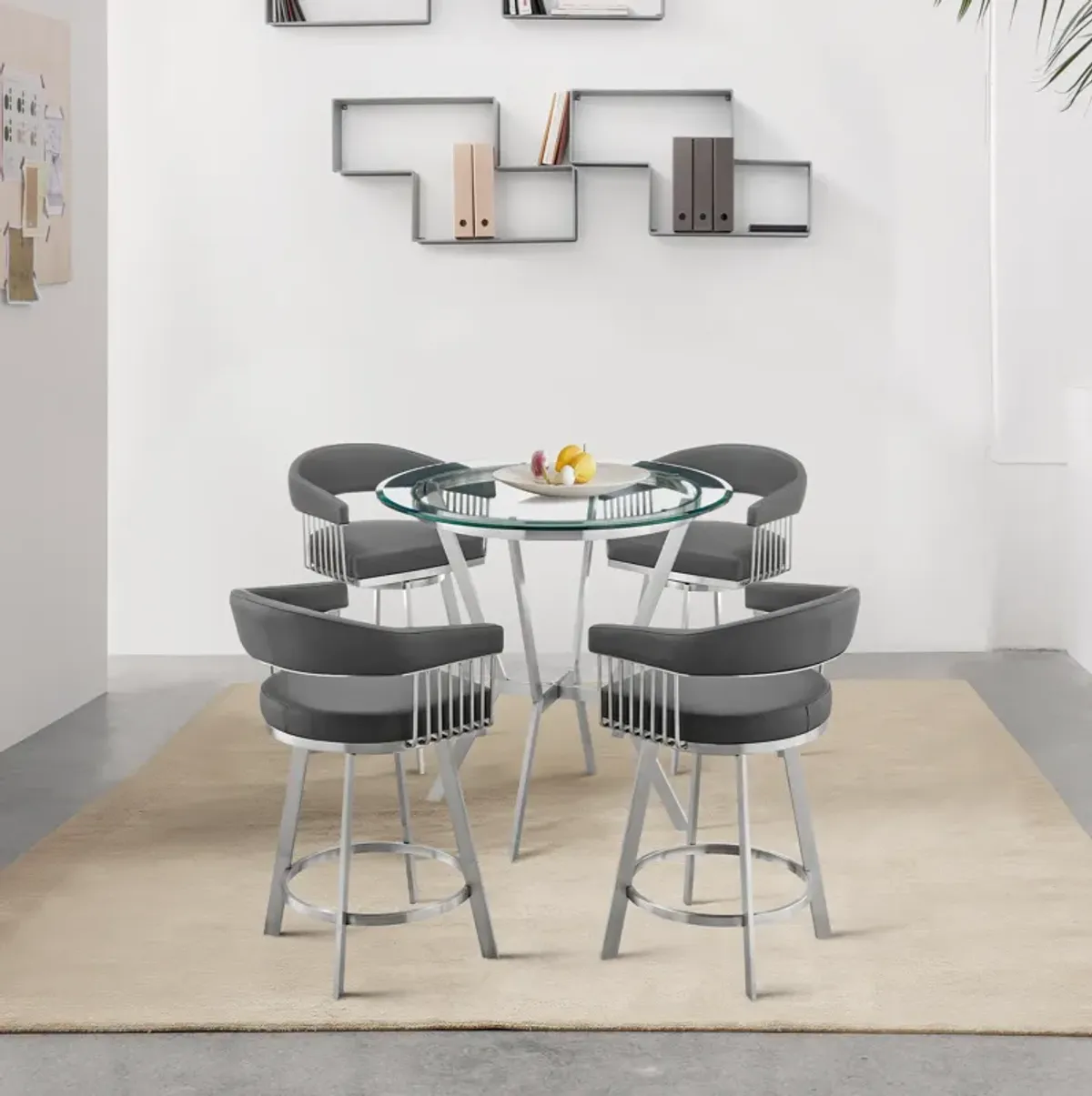 Naomi and Chelsea 5-Piece Counter Height Dining Set in Brushed Stainless Steel and Grey Faux Leather