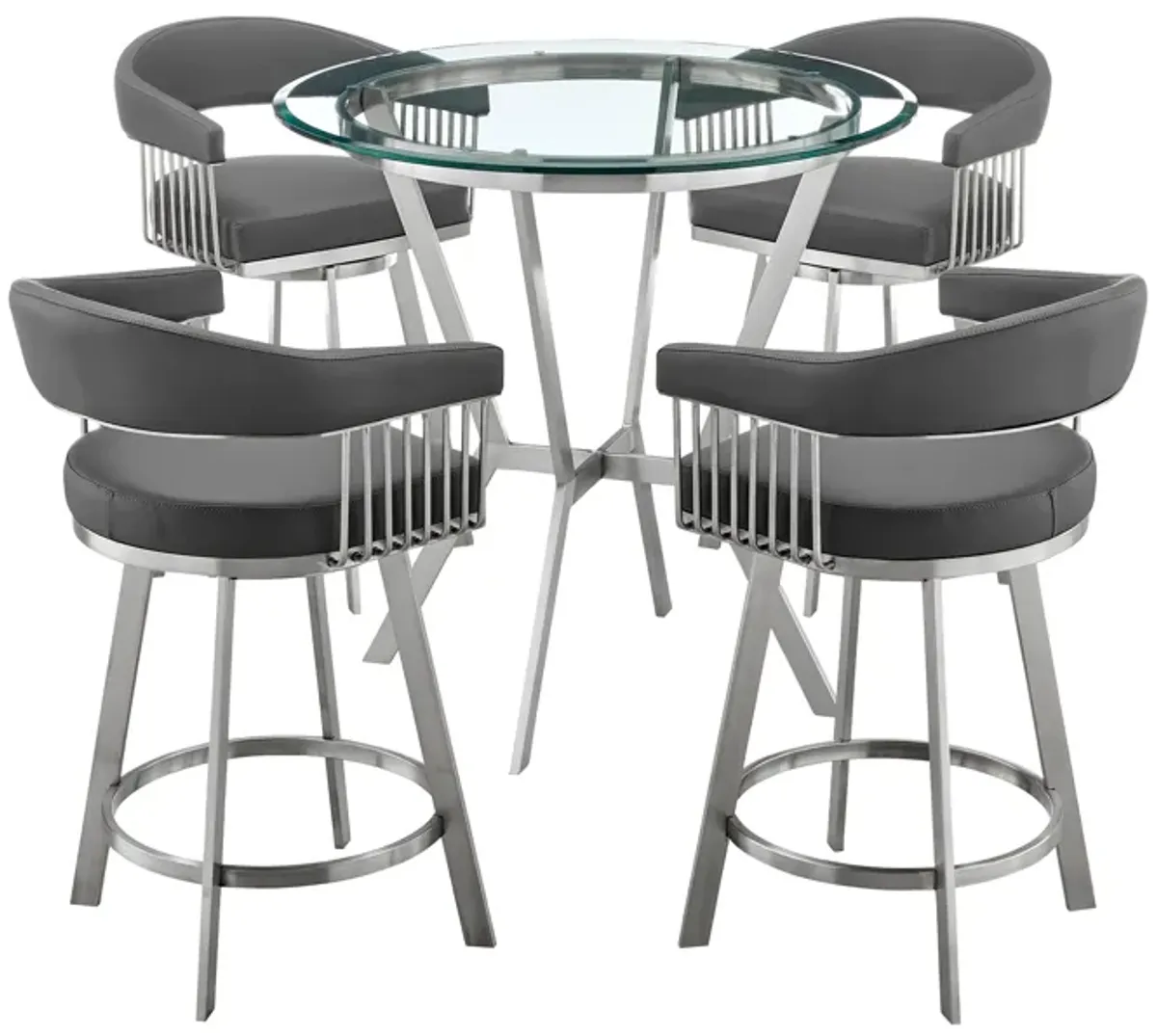 Naomi and Chelsea 5-Piece Counter Height Dining Set in Brushed Stainless Steel and Grey Faux Leather