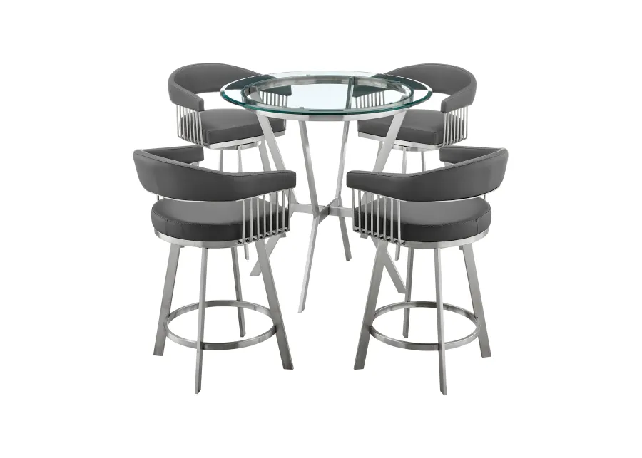 Naomi and Chelsea 5-Piece Counter Height Dining Set in Brushed Stainless Steel and Grey Faux Leather