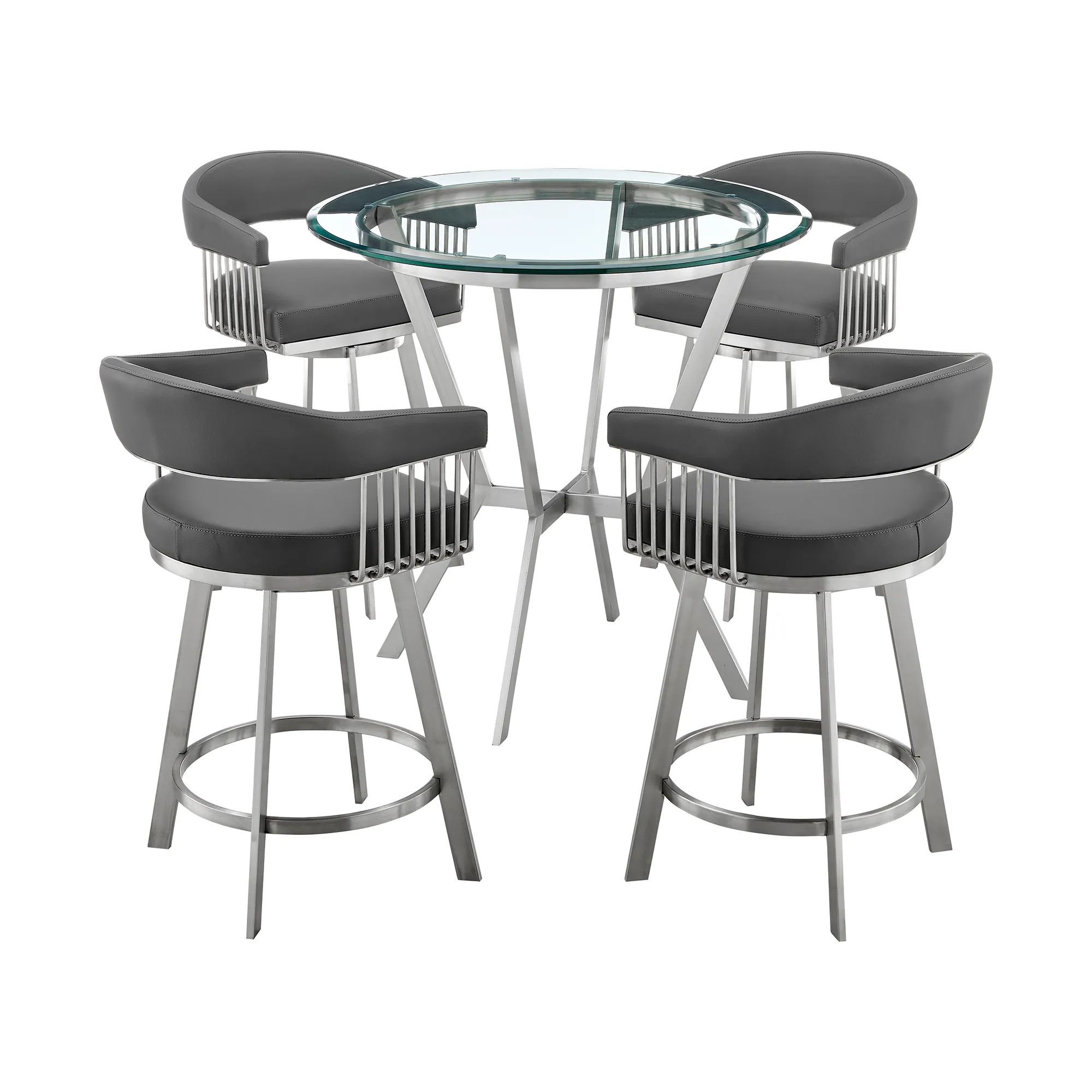 Naomi and Chelsea 5-Piece Counter Height Dining Set in Brushed Stainless Steel and Grey Faux Leather