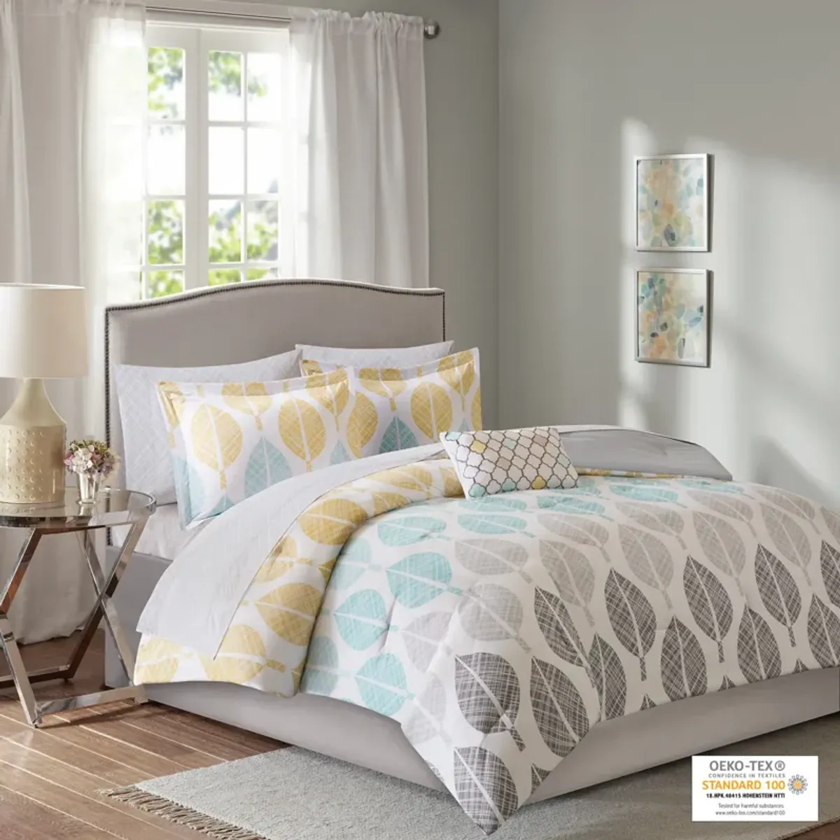 Madison Park Essentials Central Park Yellow/Aqua 9 Piece Comforter Set with Cotton Bed Sheets