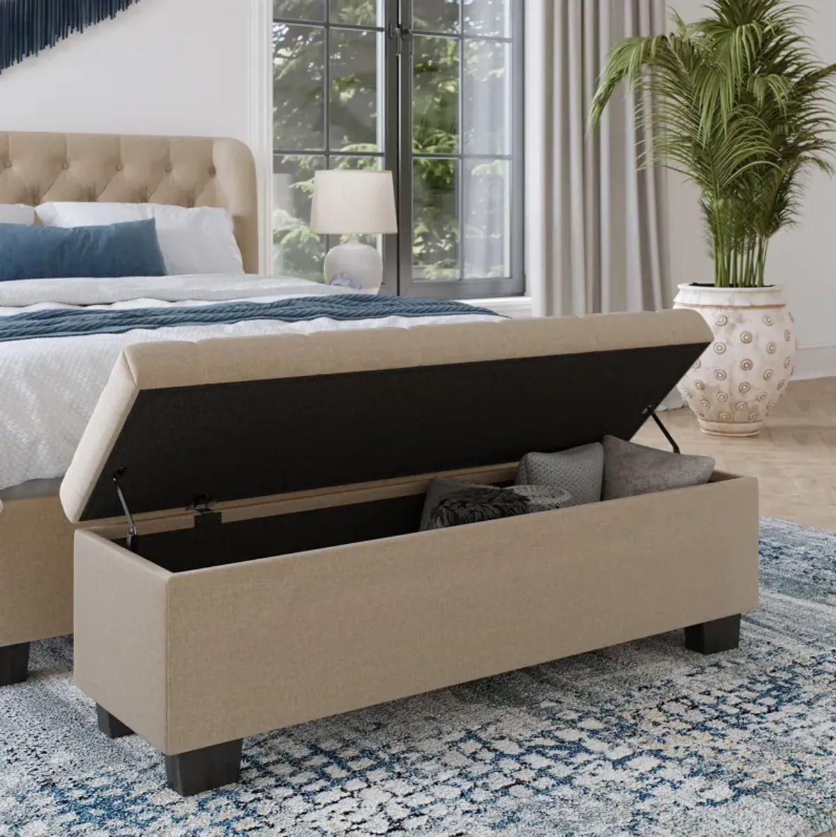 Levi Tufted Storage Bench in Toast Linen