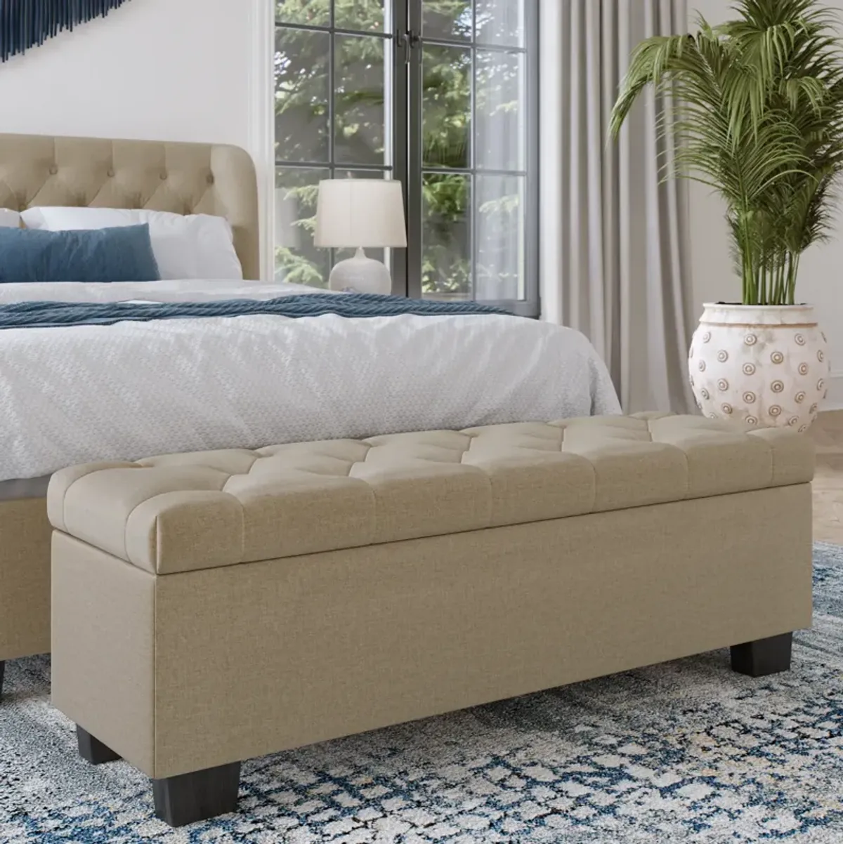 Levi Tufted Storage Bench in Toast Linen