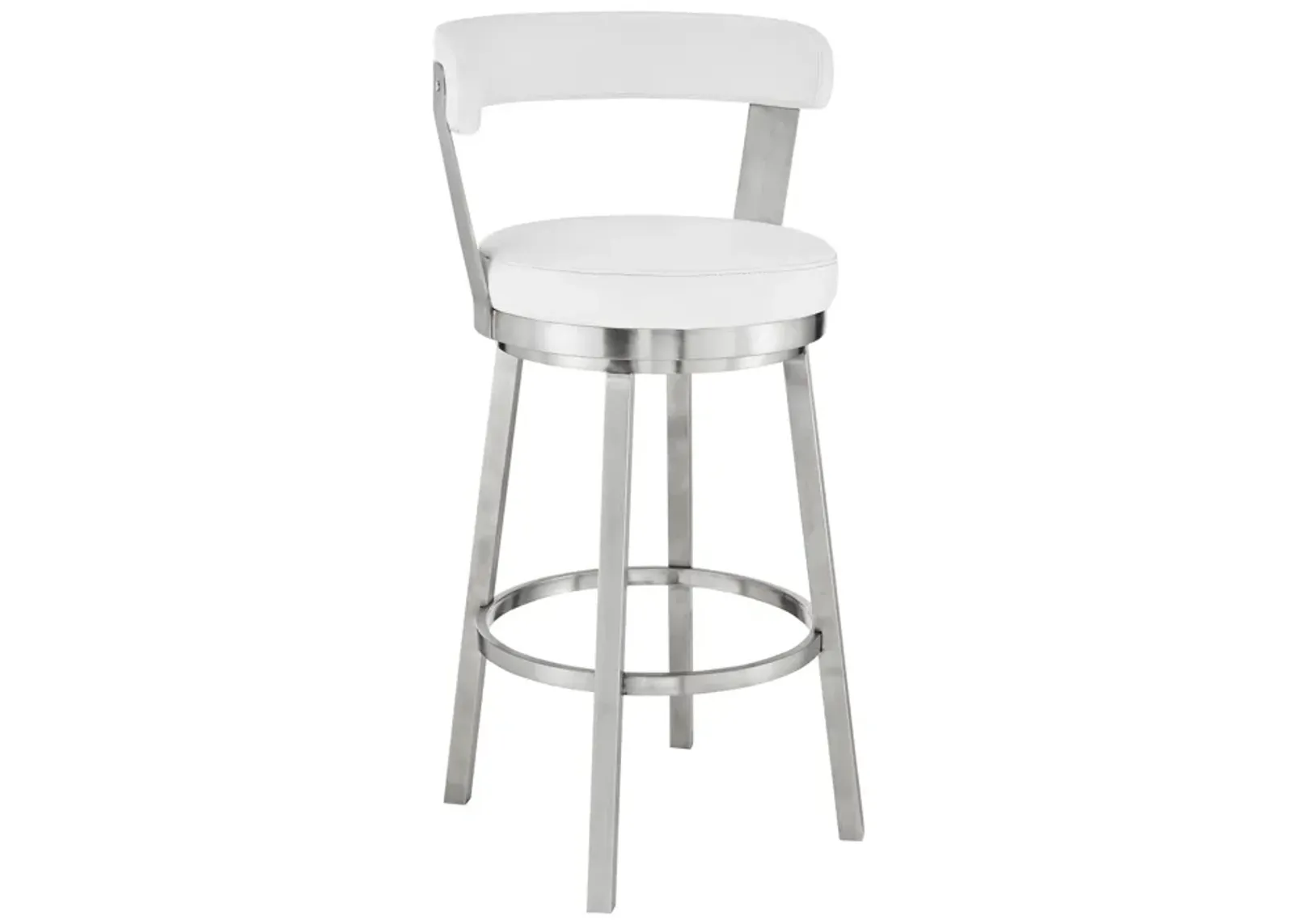 Bryant 26" Counter Height Swivel Bar Stool in Brushed Stainless Steel Finish and White Faux Leather