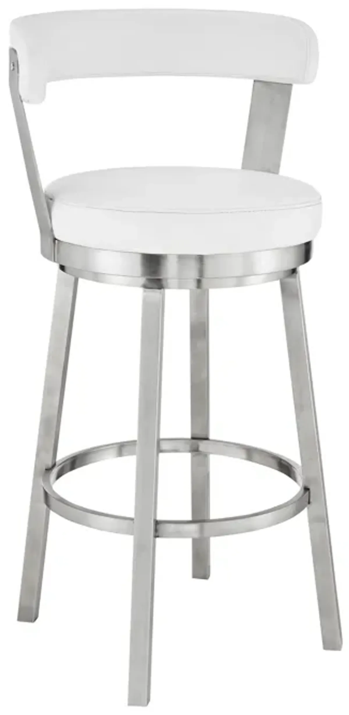 Bryant 26" Counter Height Swivel Bar Stool in Brushed Stainless Steel Finish and White Faux Leather